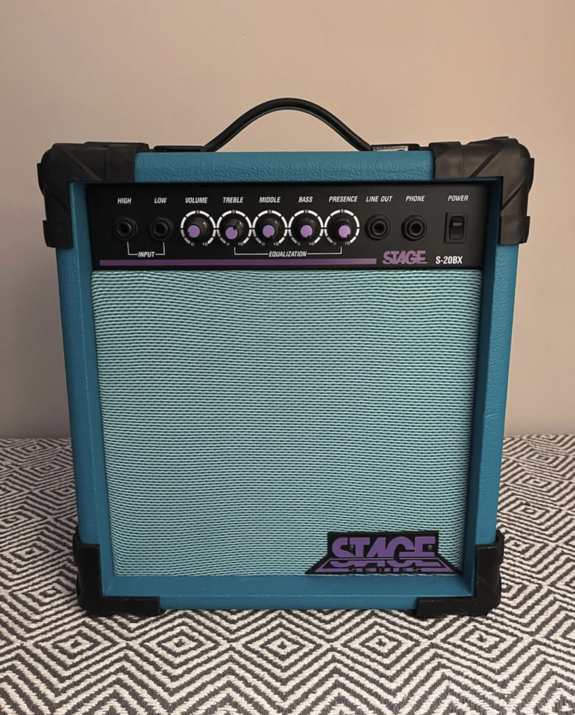 customized Stage S-20BX teal with teal grille cloth and purple logo