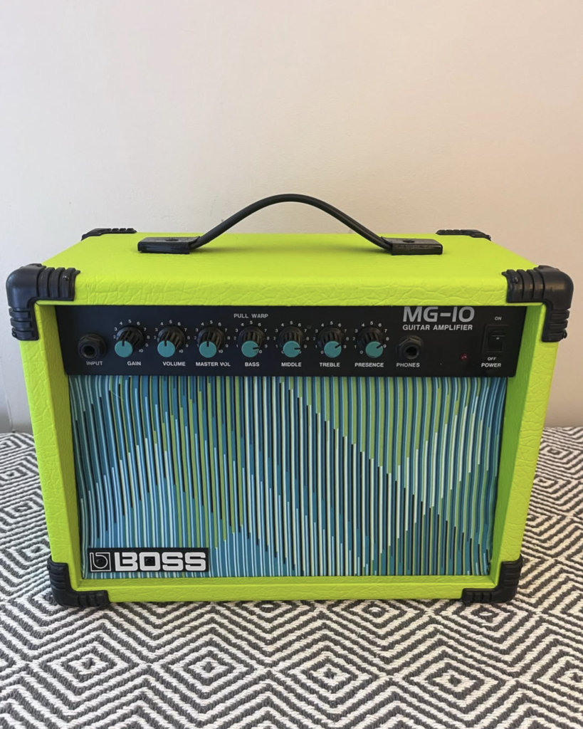 customized Boss MG 10 green cabinet with patterned grille cloth