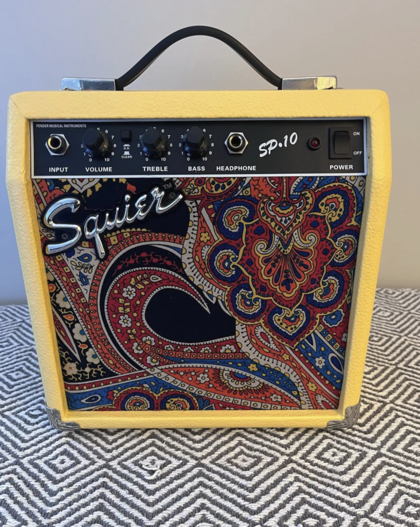 customized Squier SP 10 yellow cabinet with paisley grille cloth