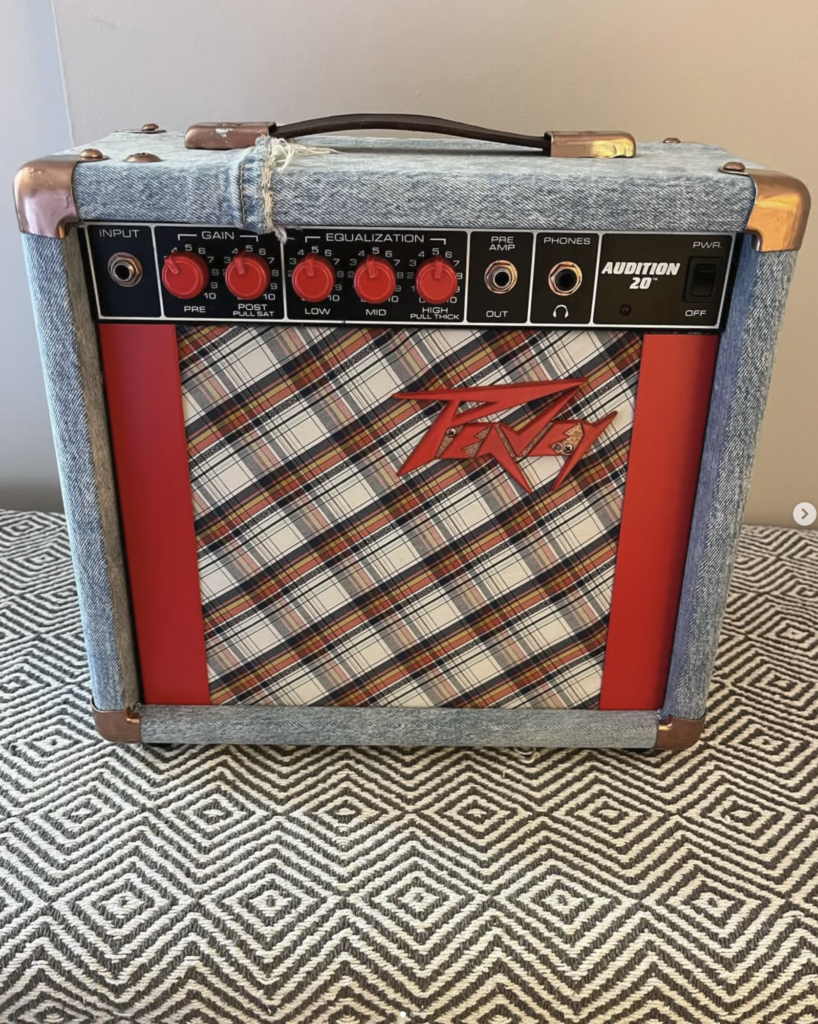 customized Peavey Audition 20 denim cabinet, plaid grille cloth, copper hardware